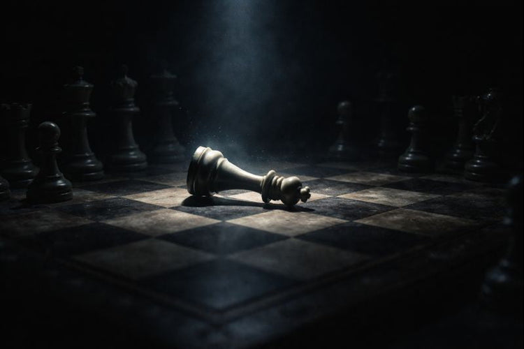 A dark moody image of a powerful figure standing before an audience, with symbols of influence, leadership, and persuasion. The scene captures the essence of power dynamics and mastery in commanding authority.